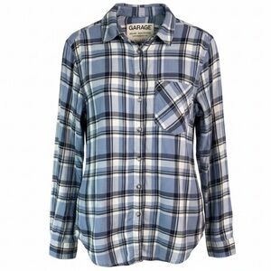 GARAGE Boyfriend Fit Plaid Brushed Cotton Shirt Blues Long Sleeve Button Up XS
